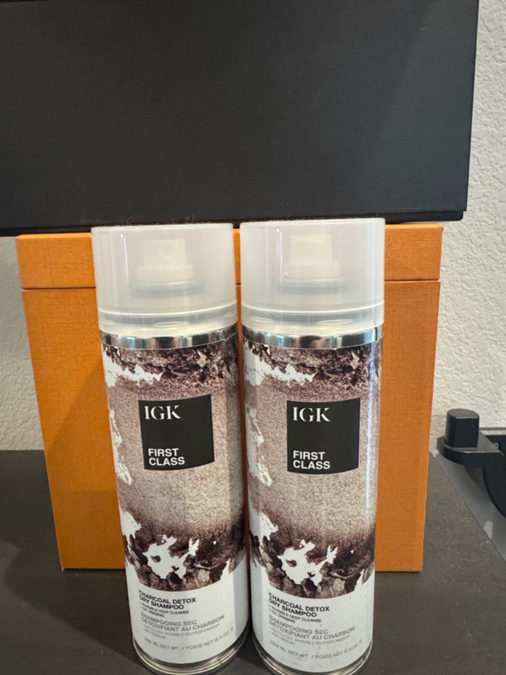 (2 Full unused cans) IGK First Class Charcoal Detox Dry Shampoo - Brown/White